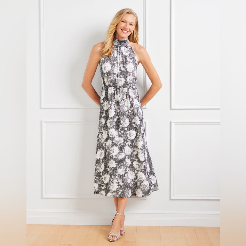 TALBOTS Halter Fit & Flare Midi Dress Metallic Floral Scroll Mock Neck